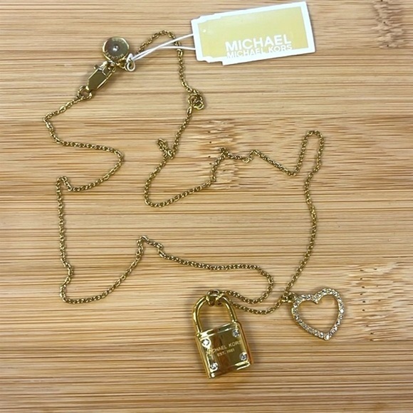 Brand New Michael Kors Gold Tone Rhinestone Heart Logo Charm Locket Necklace - Picture 10 of 13
